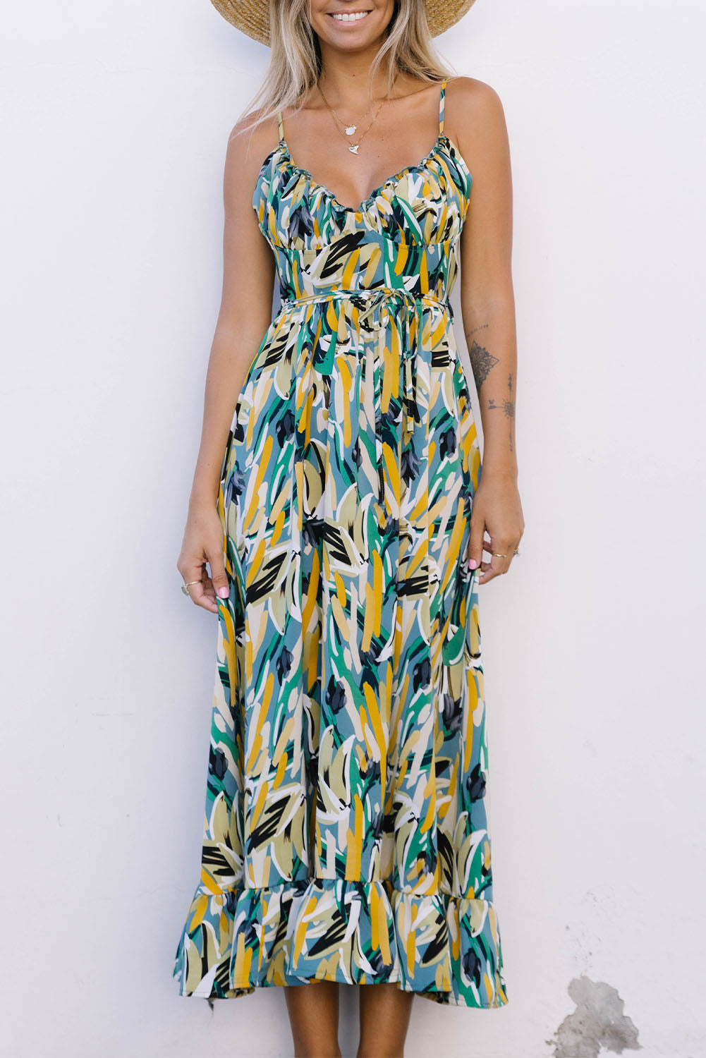 Green Abstract Printed Spaghetti Straps Ruffle Maxi Dress