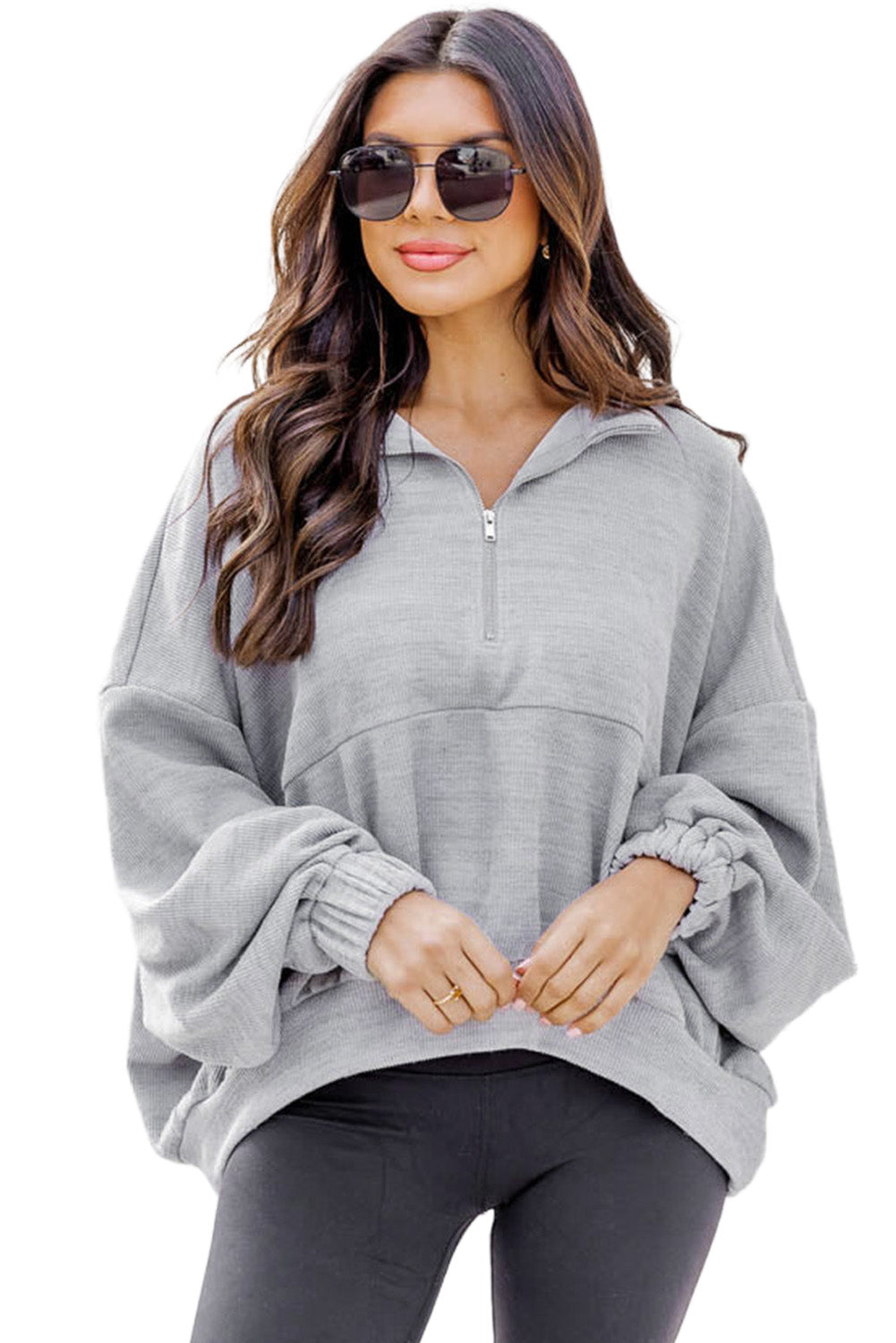 Gray Ultra Loose Dolman Sleeve Quarter Zip Sweatshirt