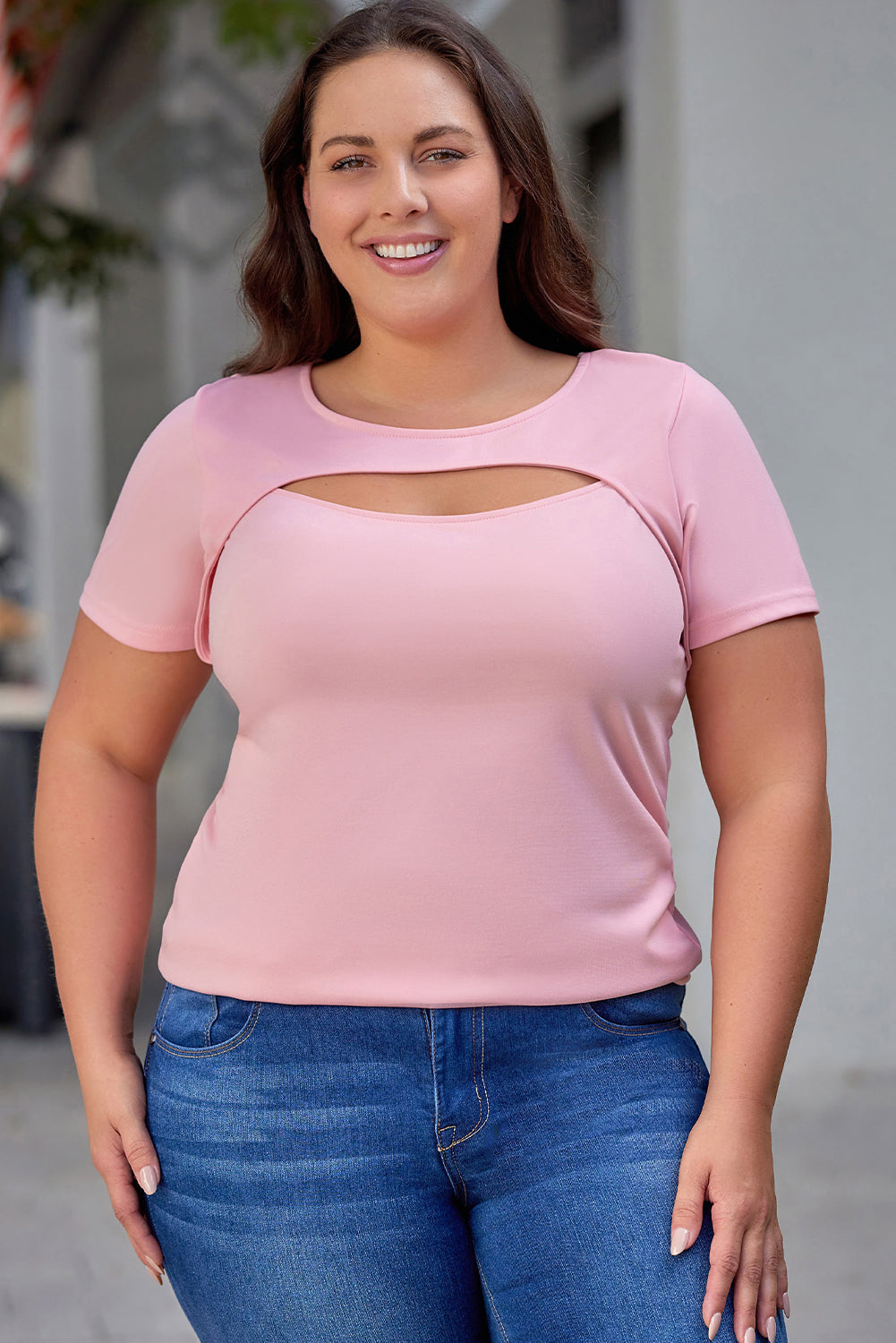 Pink Peekaboo Cutout Front Plus Size T-shirt