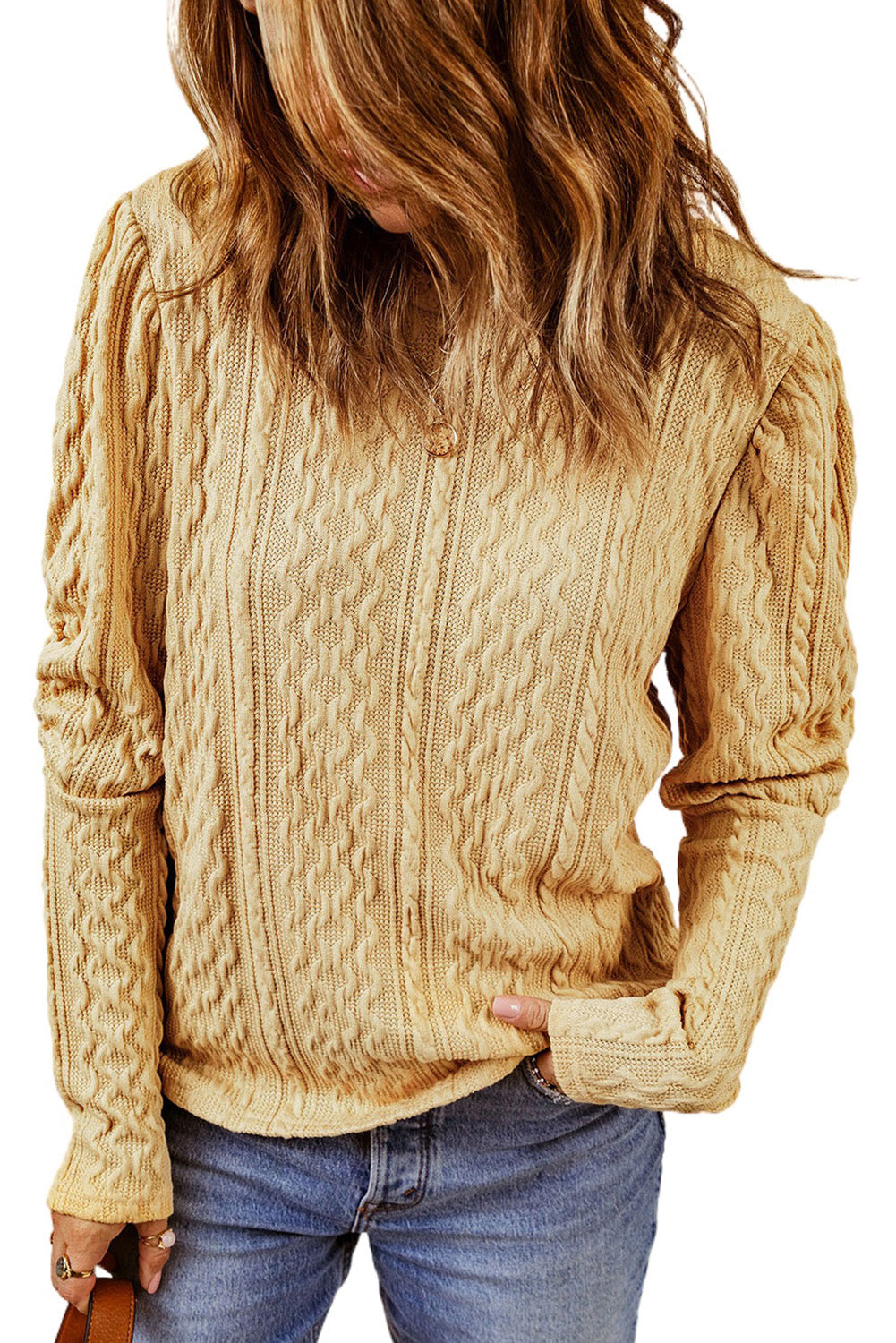 Khaki Solid Color Puffy Sleeve Textured Knit Top