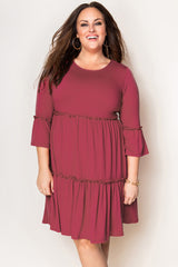 Red Tiered Ruffled 3/4 Sleeve Plus Size Dress