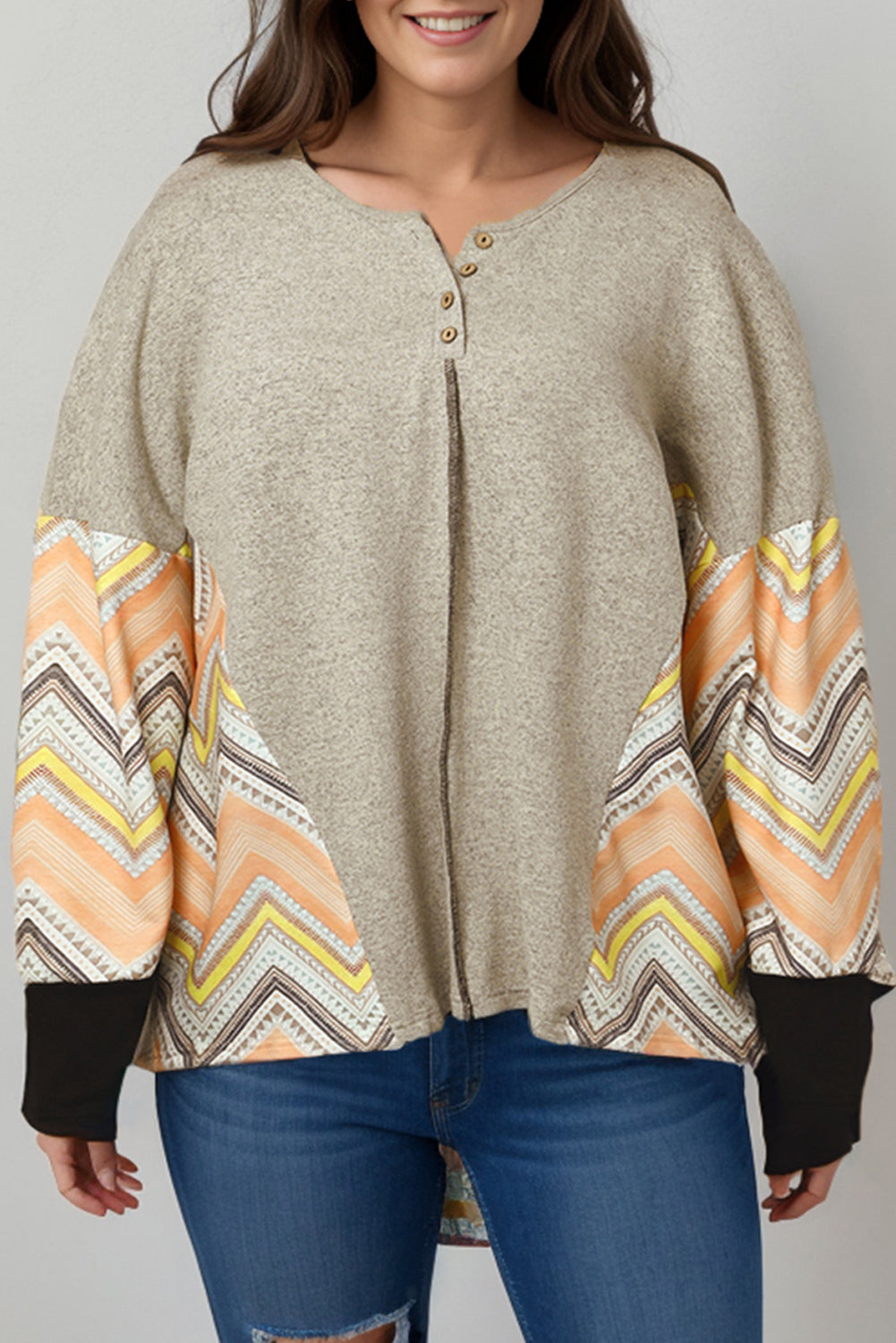 Gray Plus Size Chevron Sleeves Top