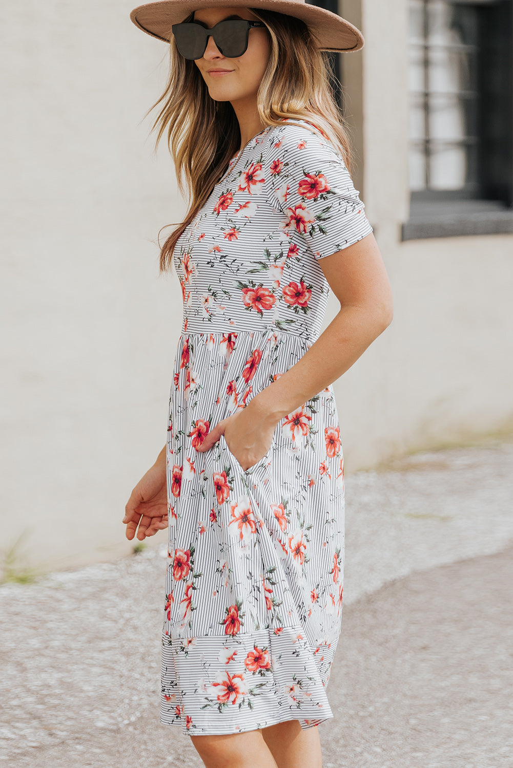Striped Flower Short Sleeve Flowy Midi Dress