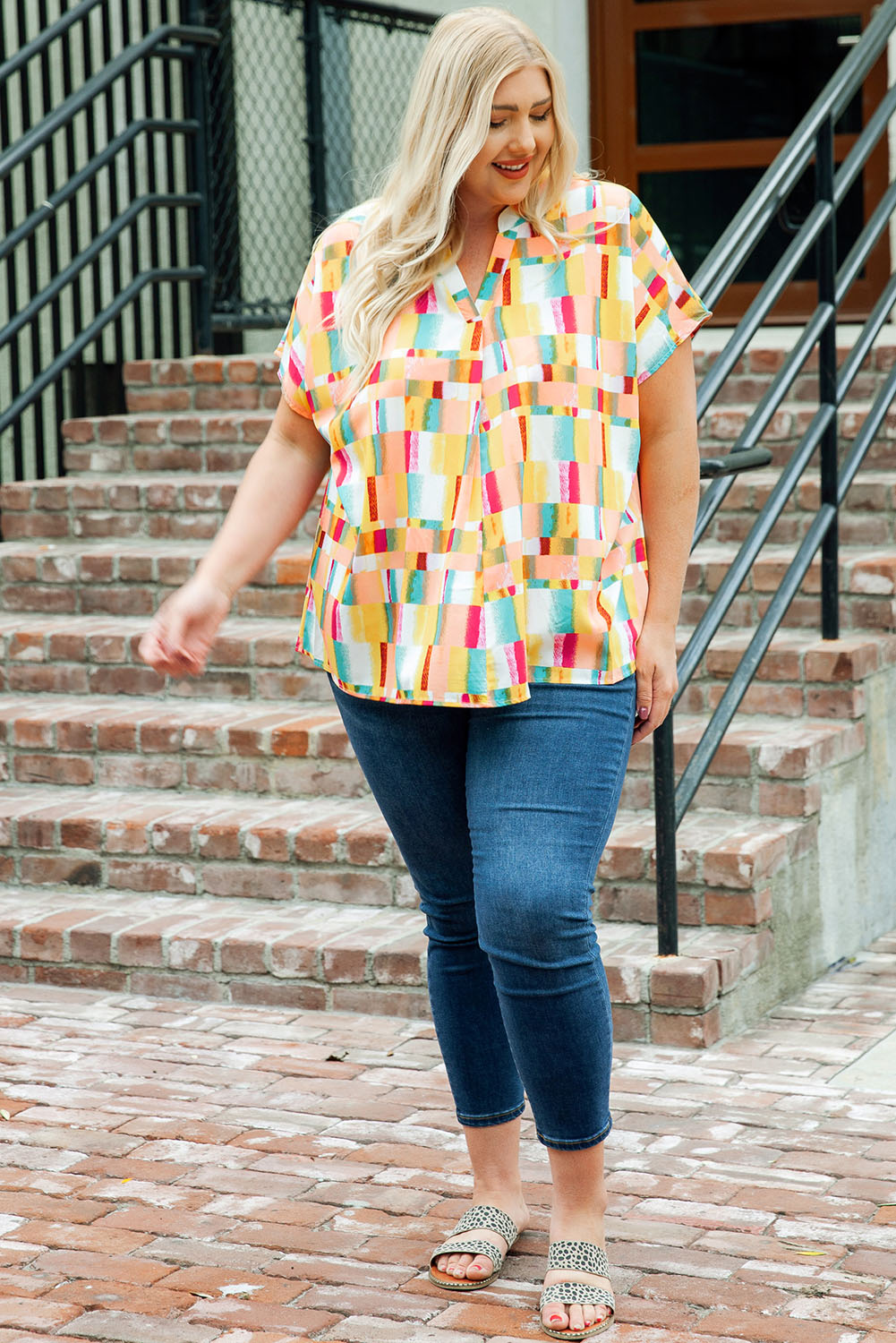 Yellow Geometric Print V Neck Plus Size T Shirt