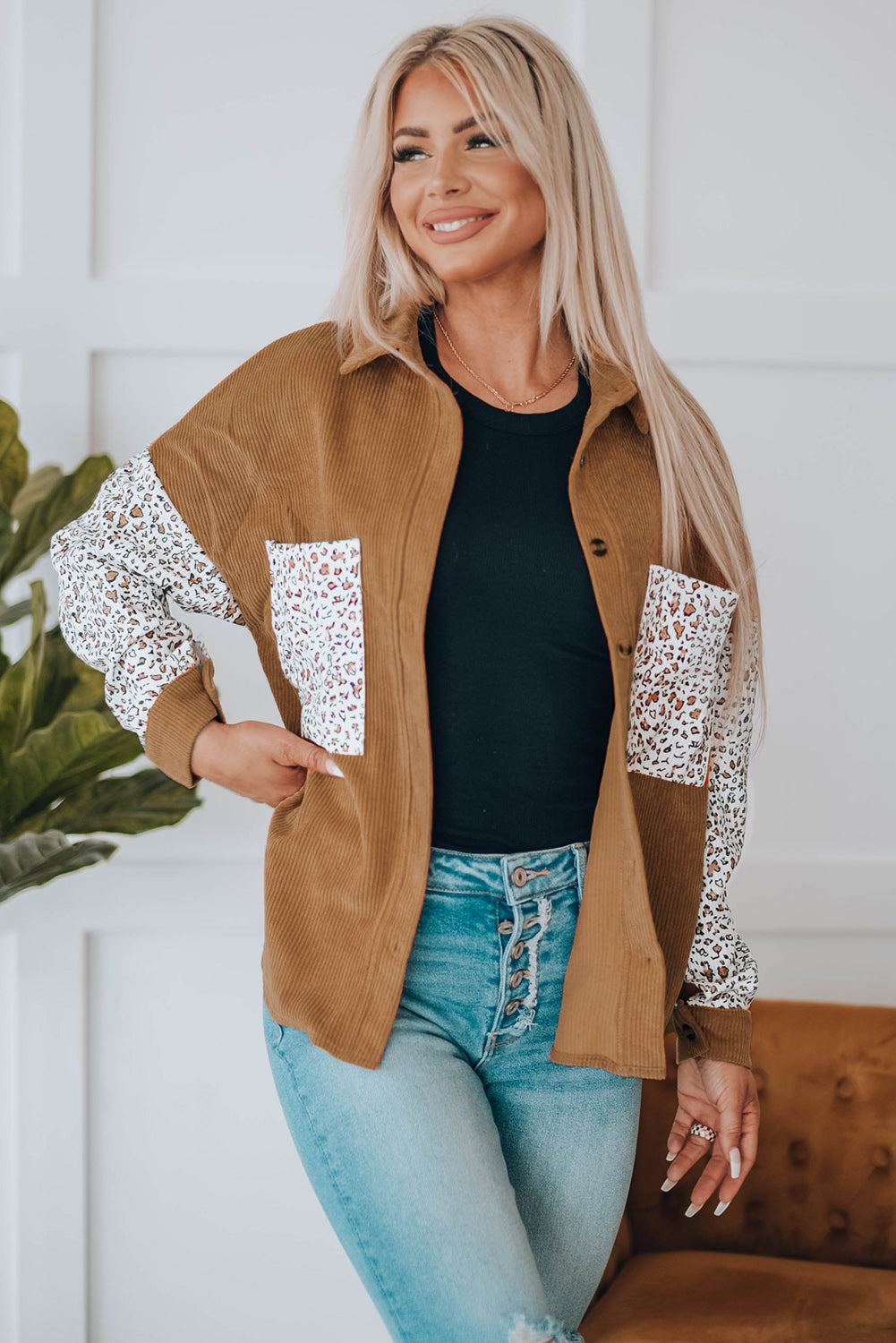 Gray Leopard Patchwork Corduroy Buttoned Shirt Jacket