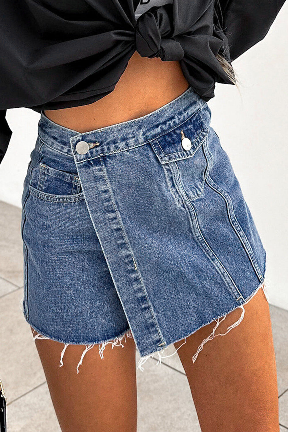 Sky Blue Button Wrap Over Raw Hem Denim Shorts