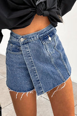 Sky Blue Button Wrap Over Raw Hem Denim Shorts