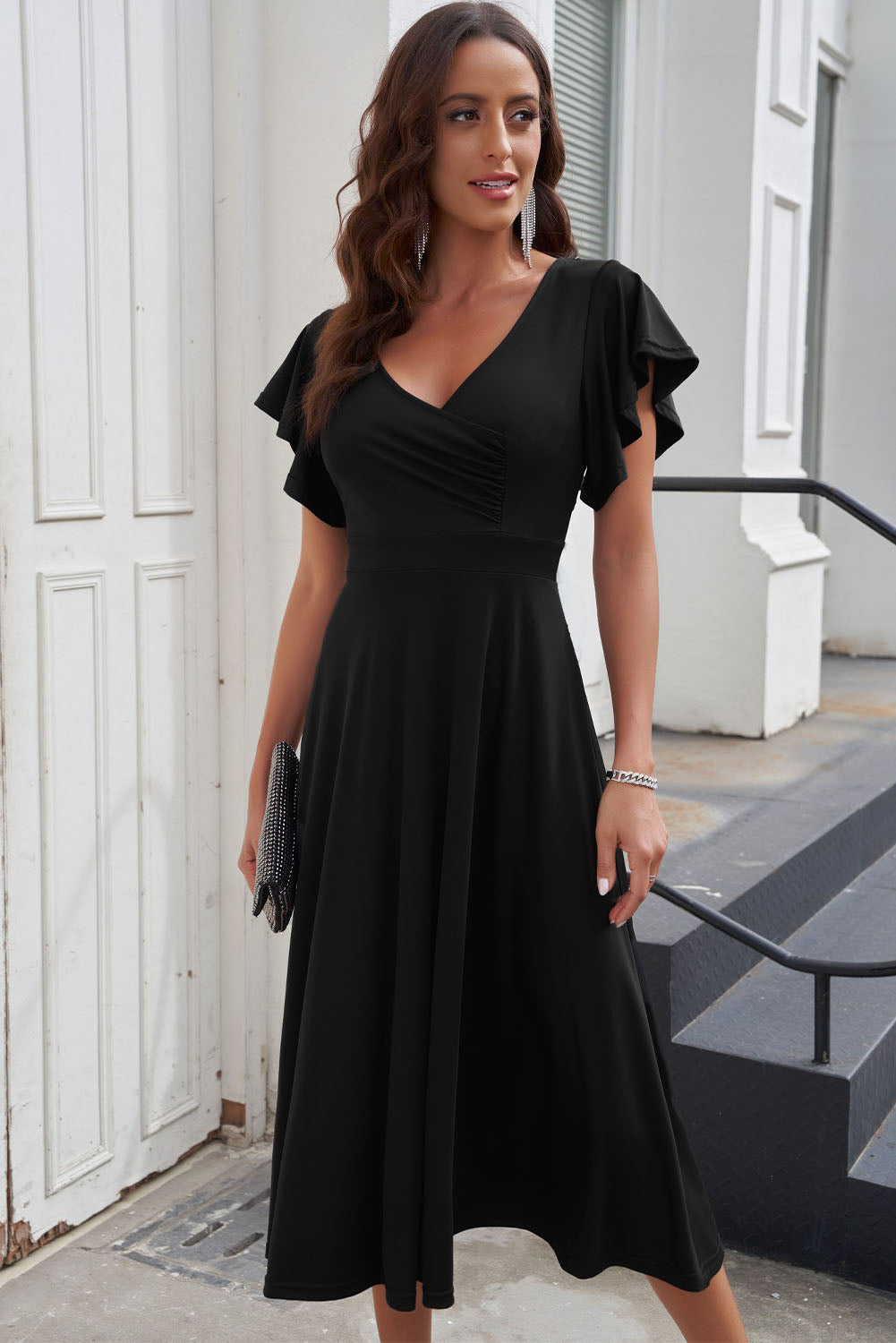 Black Ruffled Sleeve Wrap V Neck Midi Dress