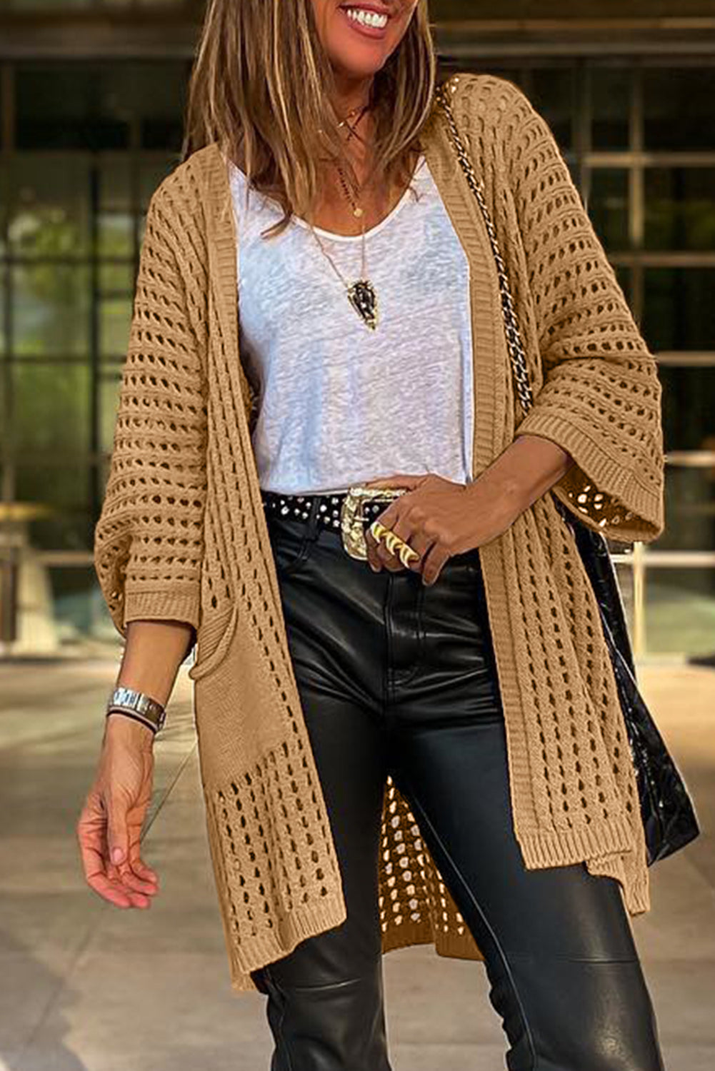 Camel Pointelle Knit Pocket Open Front Cardigan
