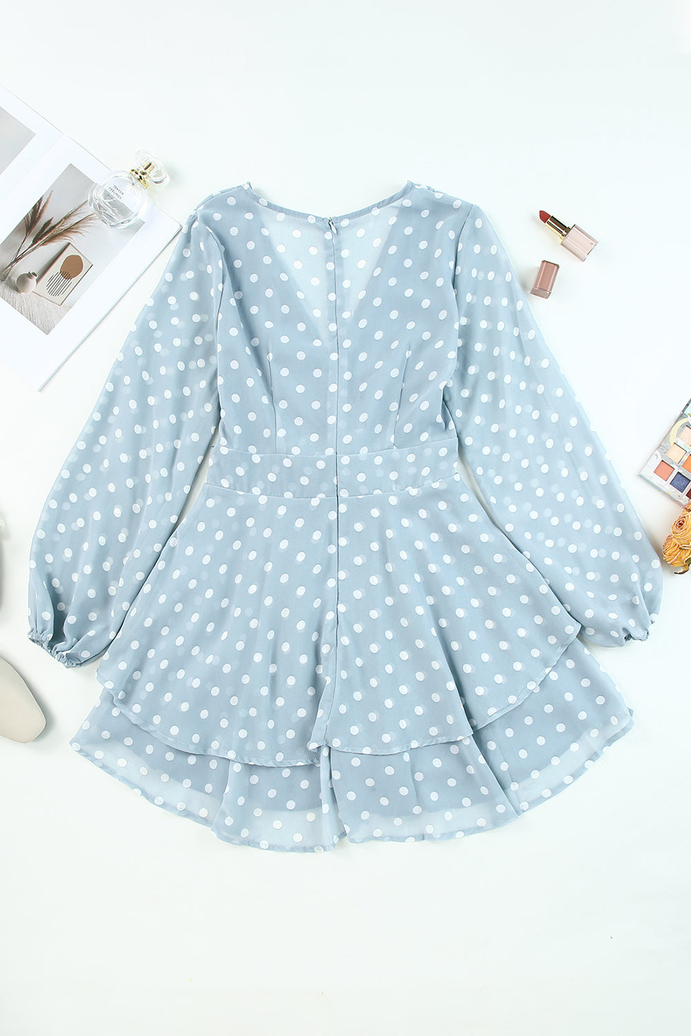 Sky Blue V Neck Baggy Sleeve Waist Tie Double Layer Ruffle Hem Dotted Print Short Dress