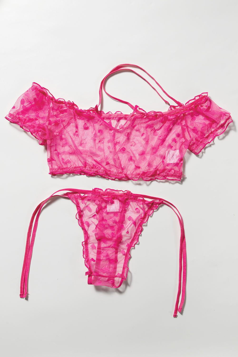 Pink Heart Print Off Shoulder Lace up Lingerie Set