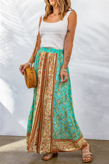 Green Boho Contrast Color Floral Print Button Slit Maxi Skirt