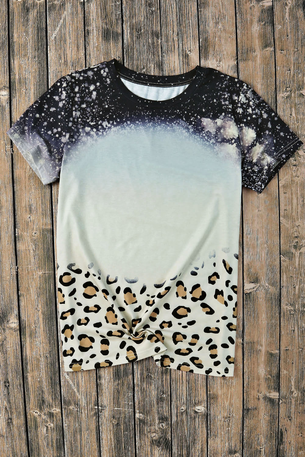 Blue Bleached Tie-dye Leopard Hem Tee