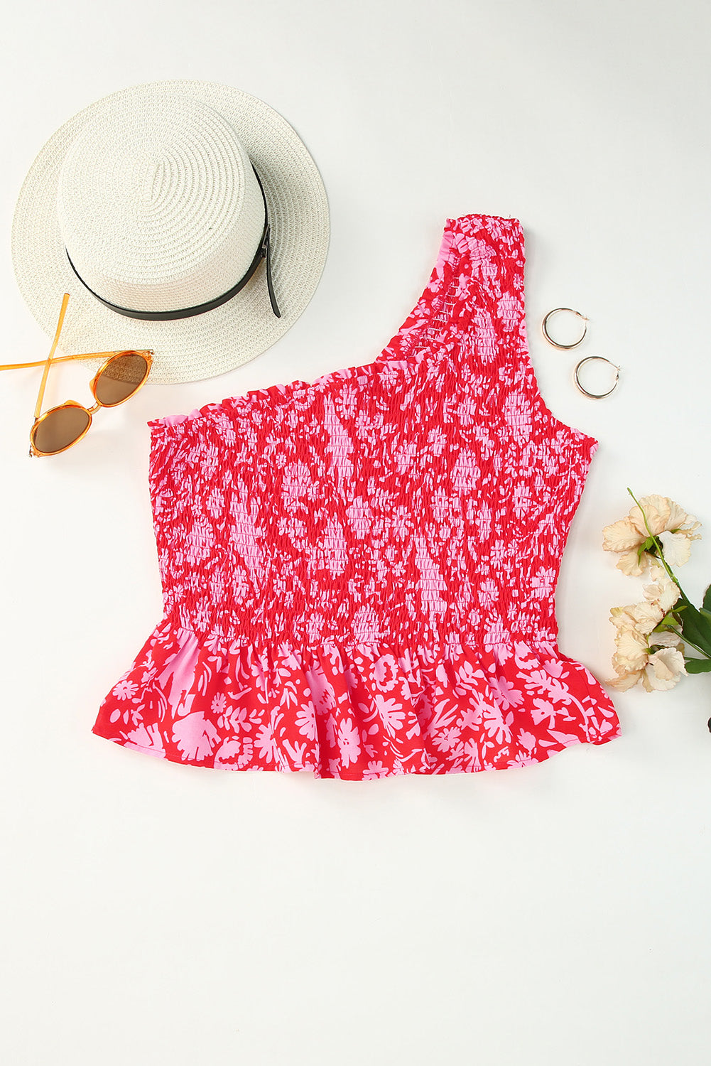 Red Smocked One-shoulder Floral Tank