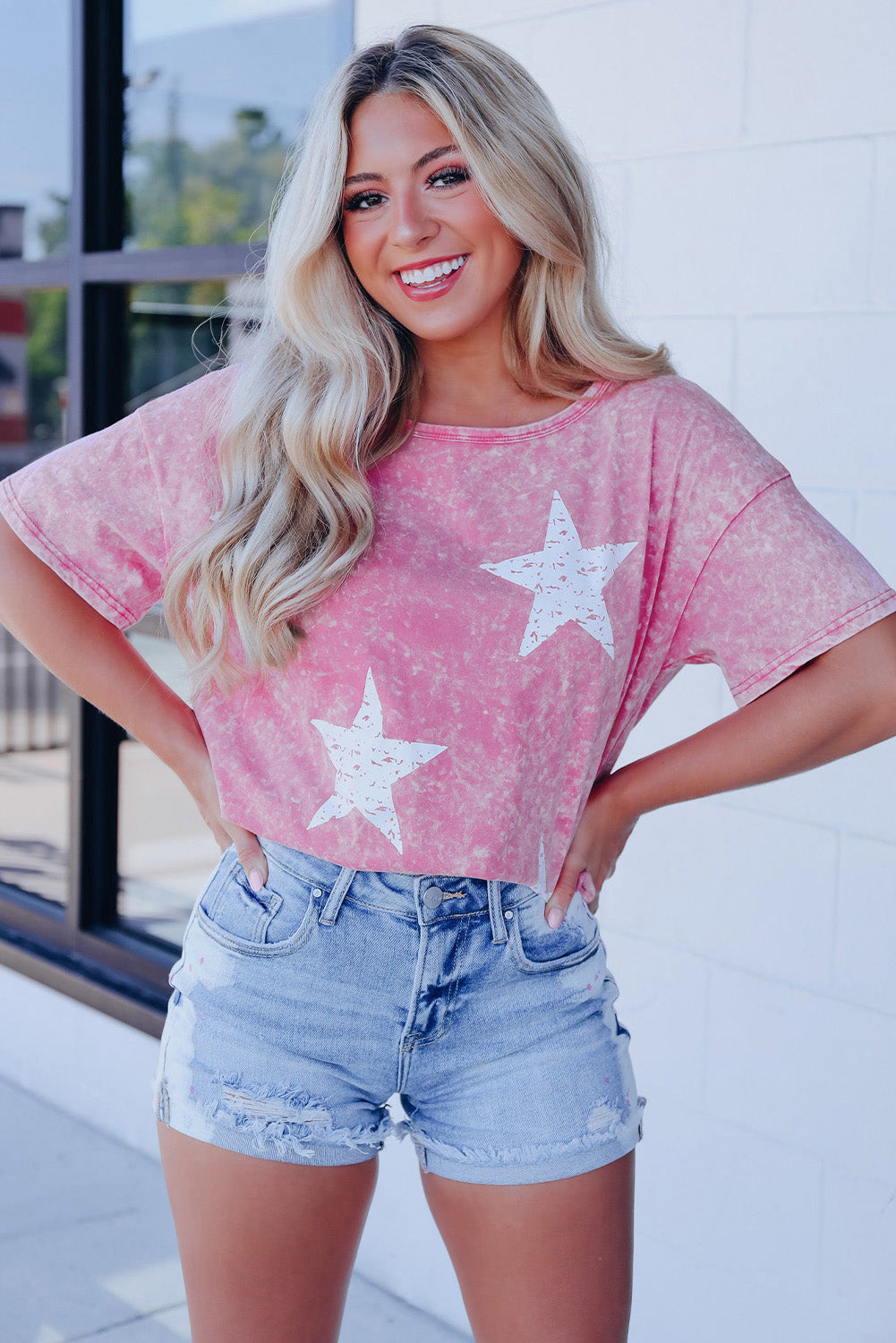 Pink Vintage Star Printed Mineral Wash Graphic Tee