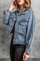 Sky Blue Elastic Hemline Acid Wash Denim Jacket