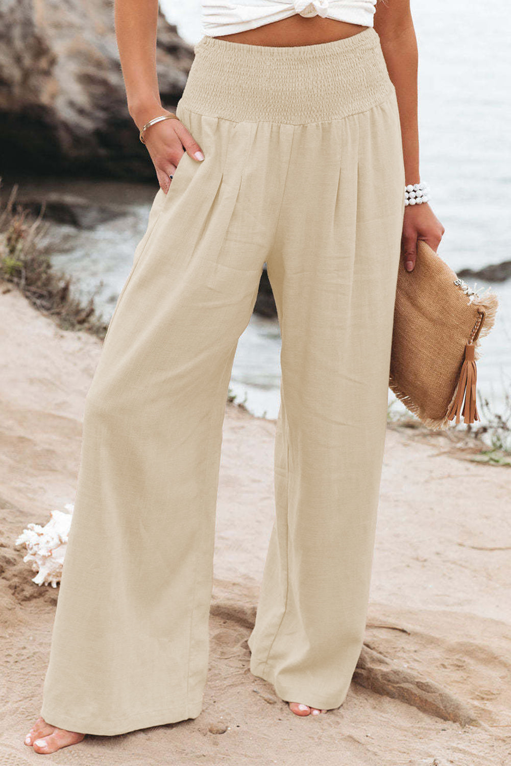 Black Smocked Wide Waistband High Waist Wide Leg Pants