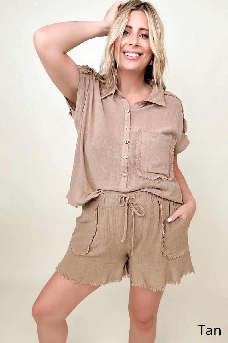 Flutter Hem Cotton Muslin Shorts with Cut Edge Detail