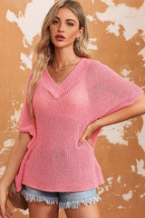 Pink V Neck Half Sleeves Loose Knitted Top