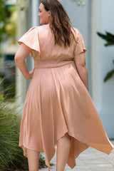 Pink Wrap V Neck Plus Size Handkerchief Dress