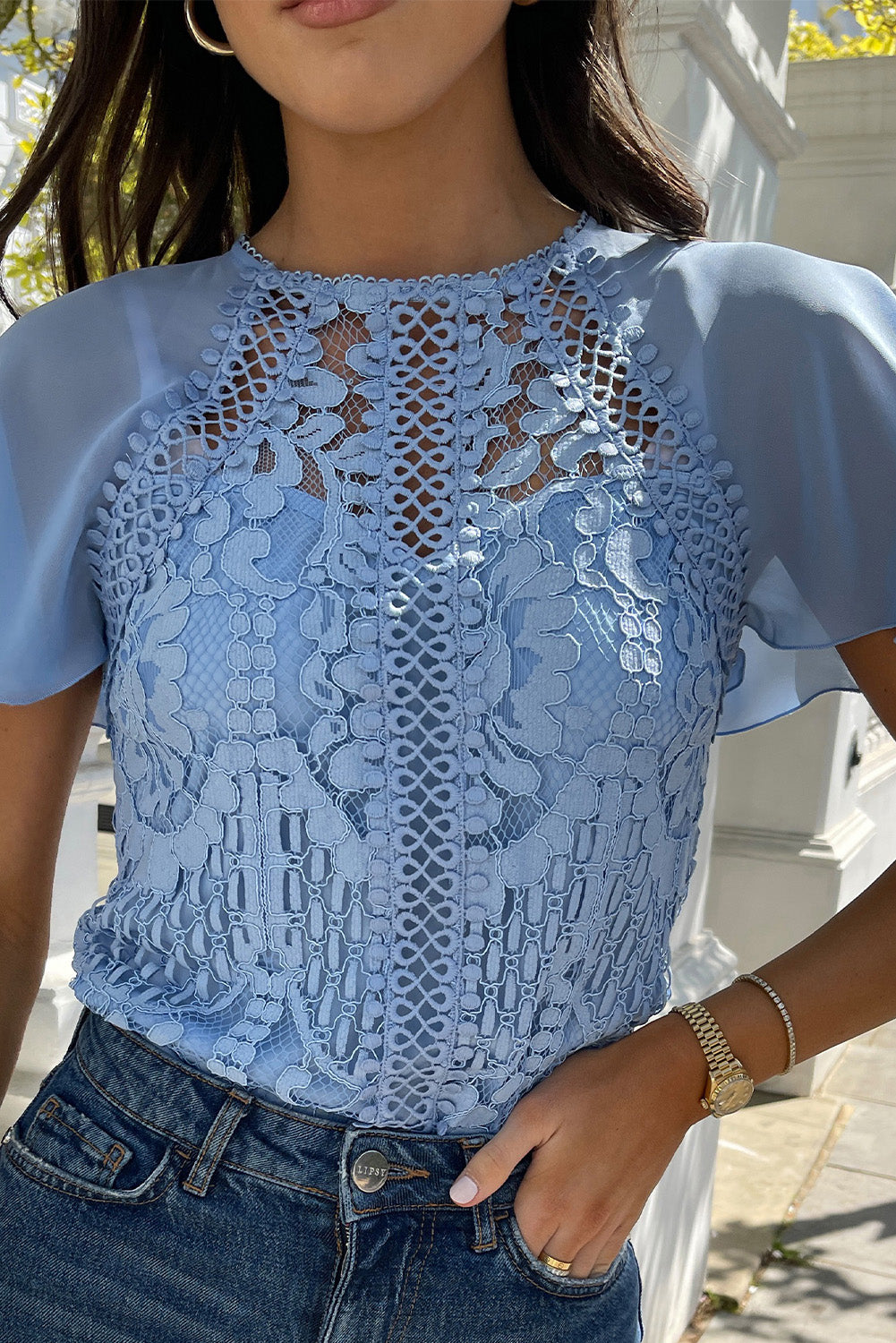 Sky Blue Contrast Lace Petal Sleeve Crew Neck T-shirt