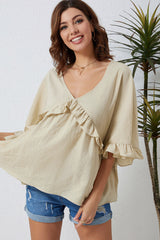 Apricot V Neck Draped Batwing Sleeve Ruffle Top