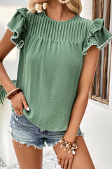 Green Pleated Pom Pom Trim Ruffled Sleeve Blouse