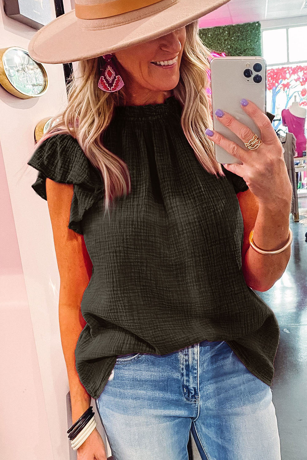 Rose Flutter Sleeve Frilled Neck Textured Blouse