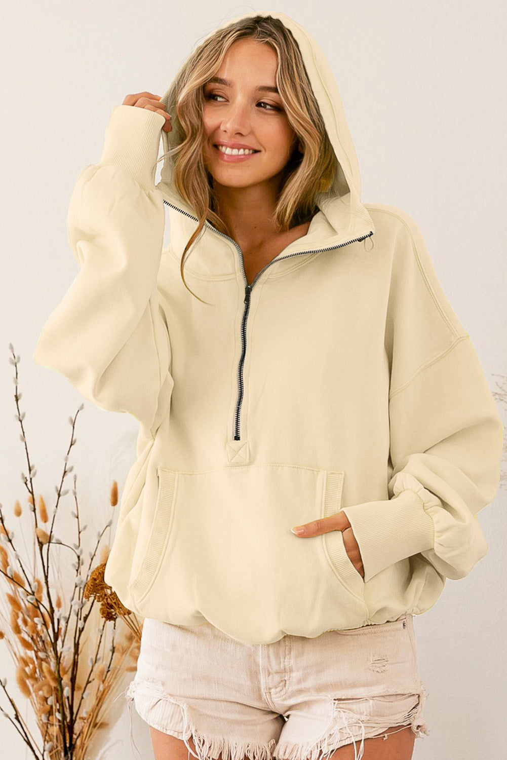 Gray Ribbed Trim Kangaroo Pocket Zipped Hoodie