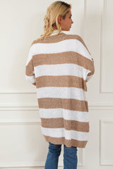 Khaki Striped Colorblock Rib Knit Bubble Sleeve Midi Cardigan