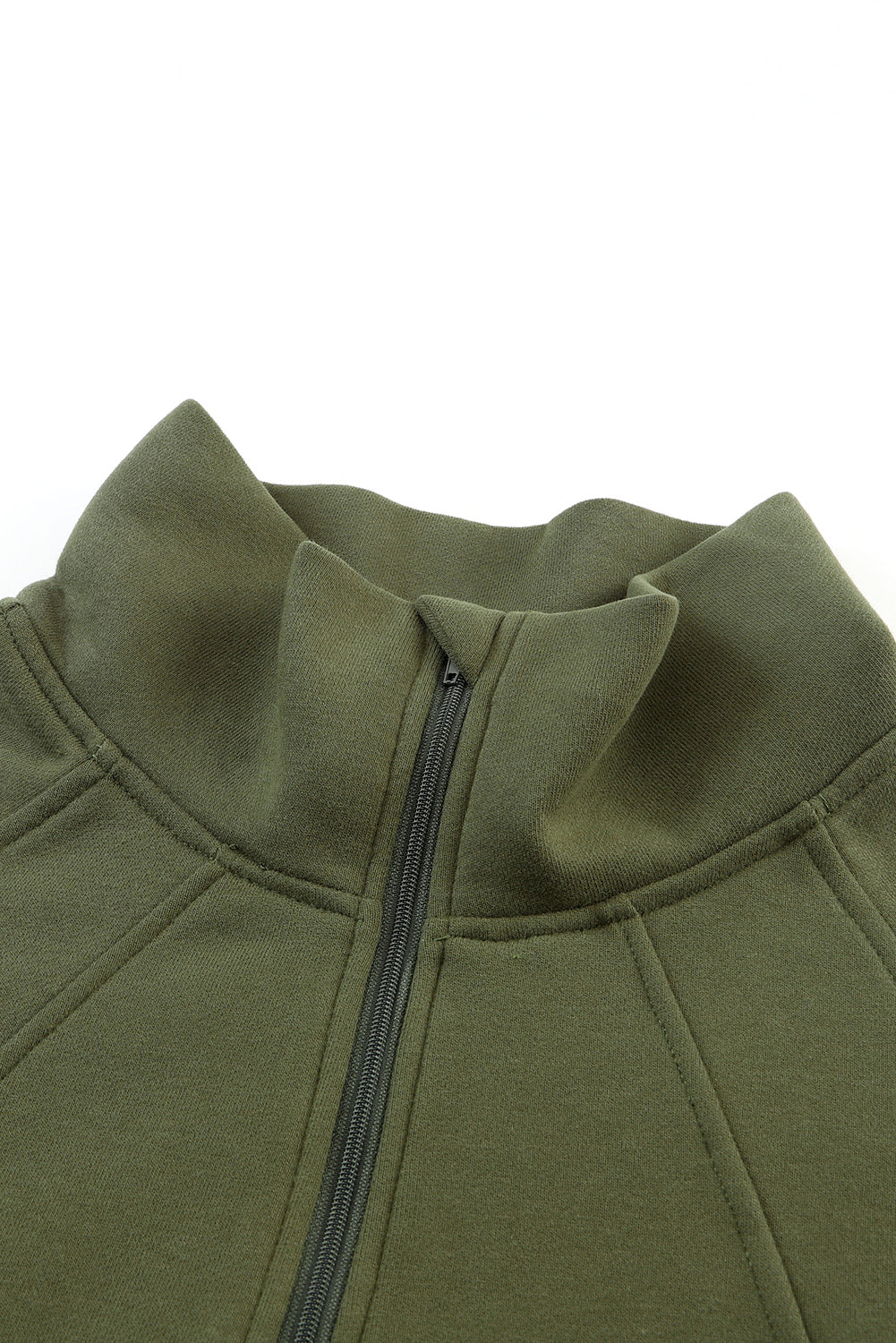 Green Zip Up Stand Collar Ribbed Thumbhole Sleeve Sweatshirt