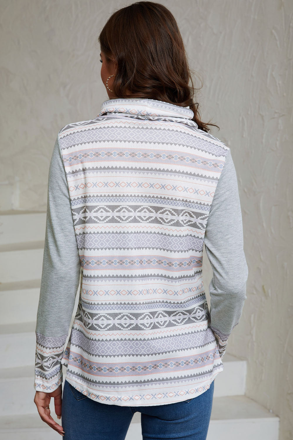 Gray Aztec Print Amicg Knit Cowl Neck Sweatshirt