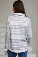 Gray Aztec Print Amicg Knit Cowl Neck Sweatshirt