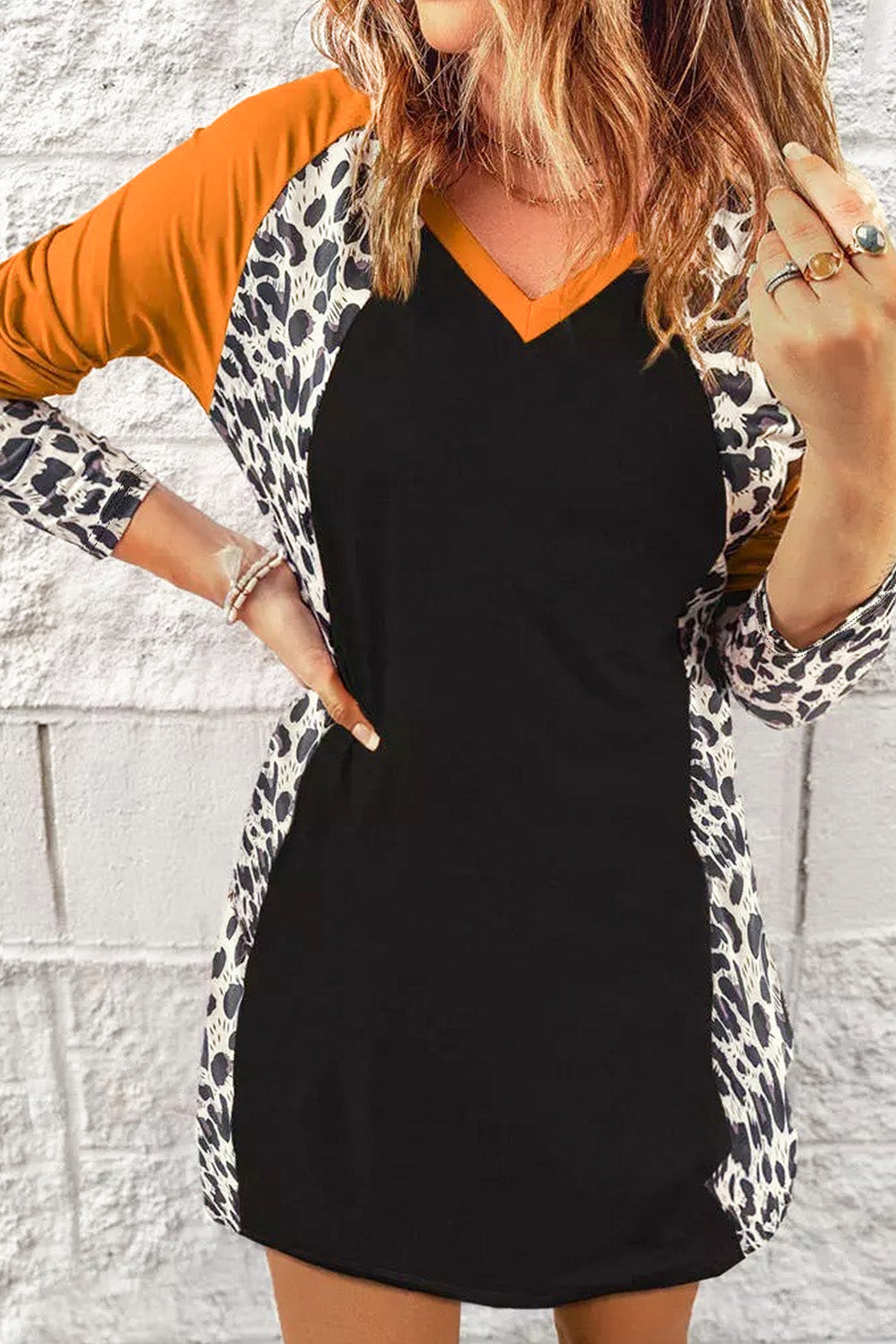 Black Leopard Color Block V-Neck Mini Dress
