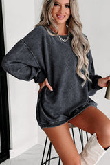 Gray Solid Ribbed Knit Round Neck Pullover Sweatshirt