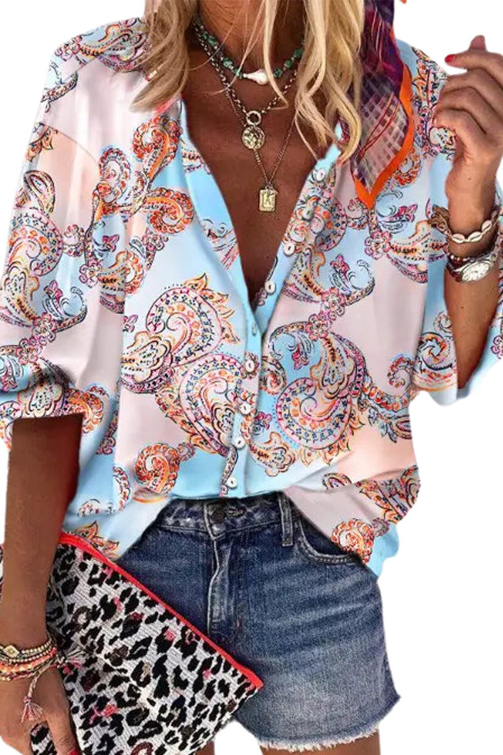 Sky Blue Boho Paisley Print Lantern Sleeve Button-Down Shirt