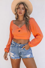 Knotted Puff Sleeve Textured Crop Top