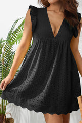 Black Hollow out Ruffled Flutter Sleeve Mini Dress