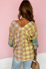 Yellow Mixed Plaid Long Sleeve V Neck Buttoned Shirt