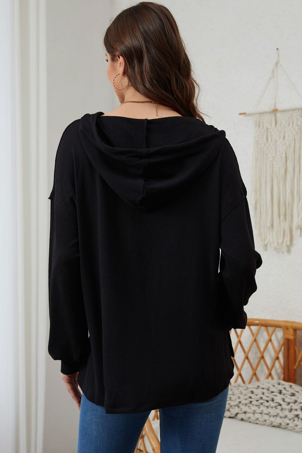 Buttoned High and Low Hem Hoodie