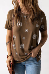 Brown Dandelion Print Crew Neck T-shirt