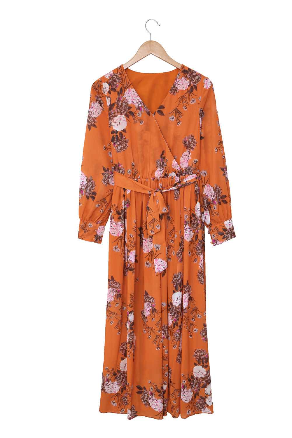 Orange Orange Floral Print Lace-up Ruffled V Neck Maxi Dress with A Slit