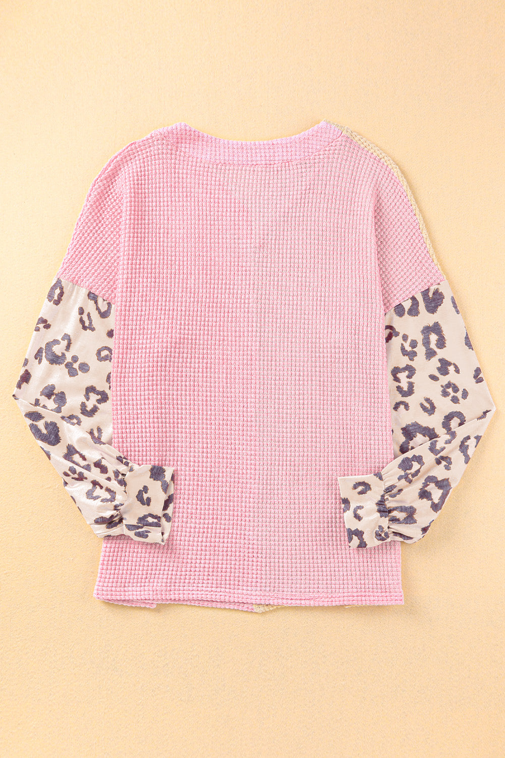 Pink Plus Size Leopard Sleeve Color Block Waffle Knit Top