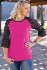 Rose 3/4 Leopard Ruffled Raglan Sleeves Knit Top
