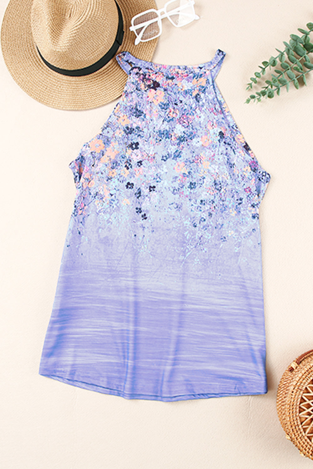 Blue Floral Print Halter Neck Tank Top