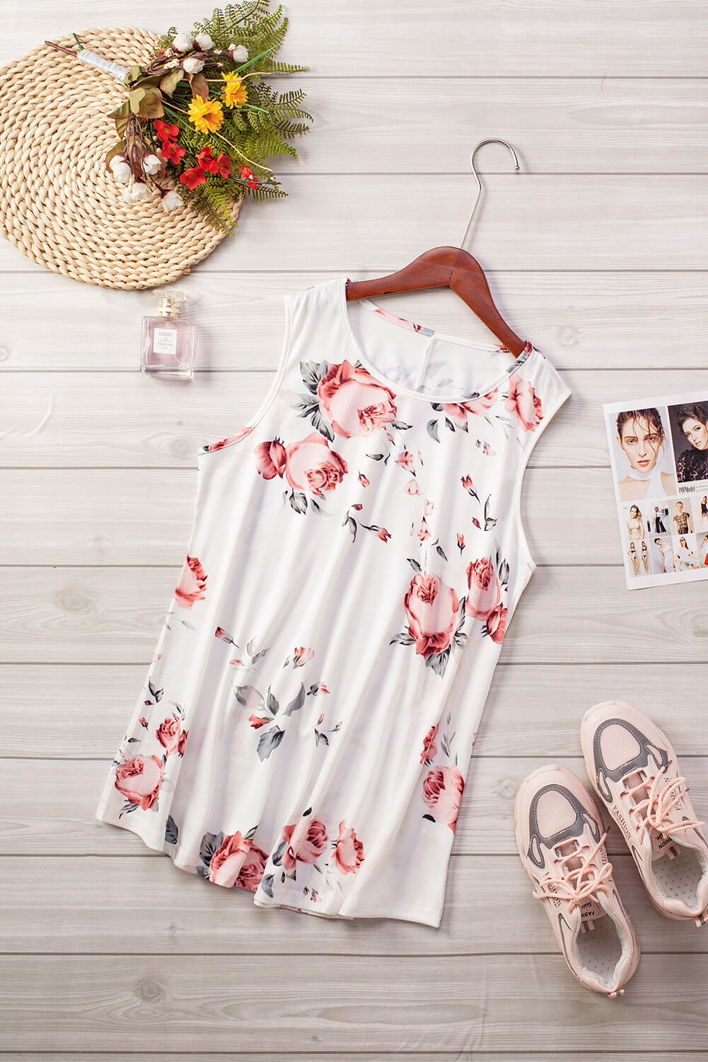 Floral Print White Tank Top