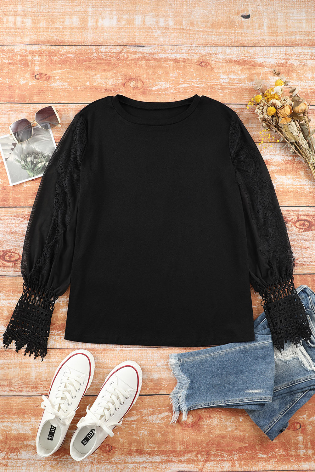 Black Sheer Lace Mesh Bishop Sleeve Top