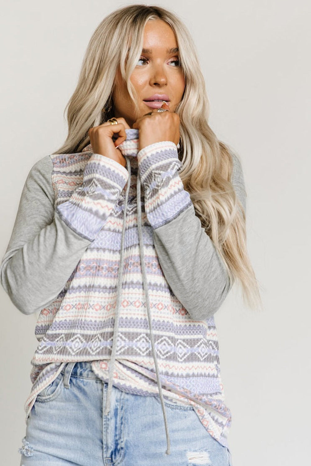 Gray Aztec Print Amicg Knit Cowl Neck Sweatshirt