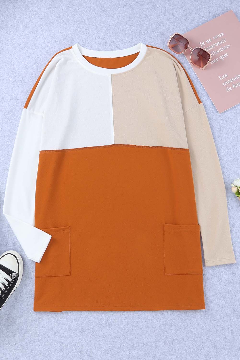 Orange Pocketed Color Block Patchwork Long Sleeve Top