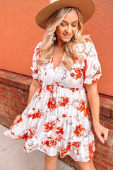 Beige Blooming Floral Tassel Tie Babydoll Dress